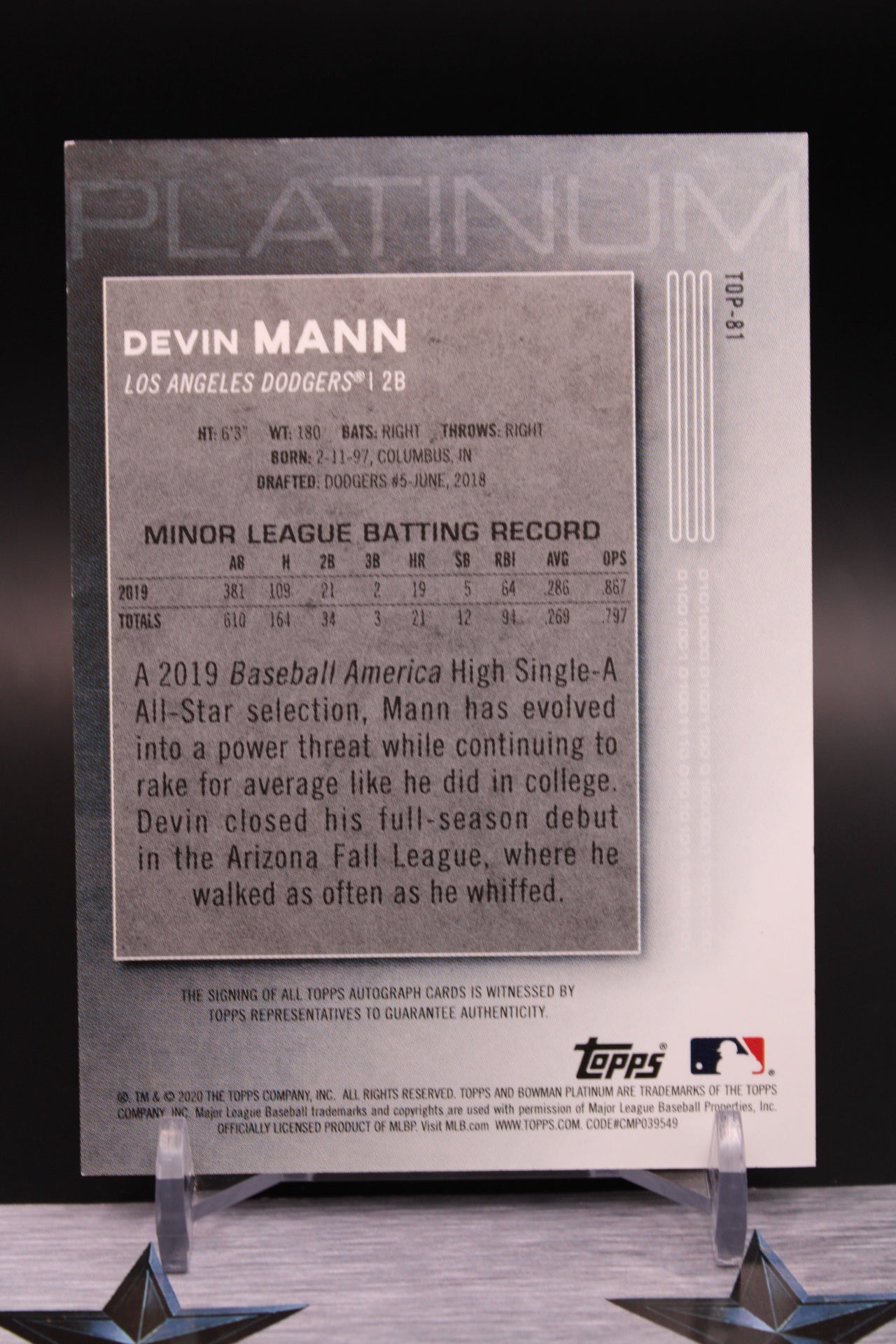Topps 2020 #81 Devin Mann Authograph Signature