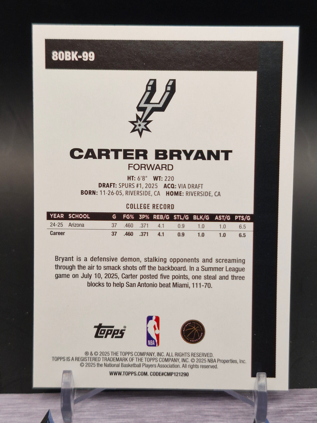 2025-26 Topps #80BK-99 Carter Bryant 1980-81 Topps Basketball Pink Holo Foil