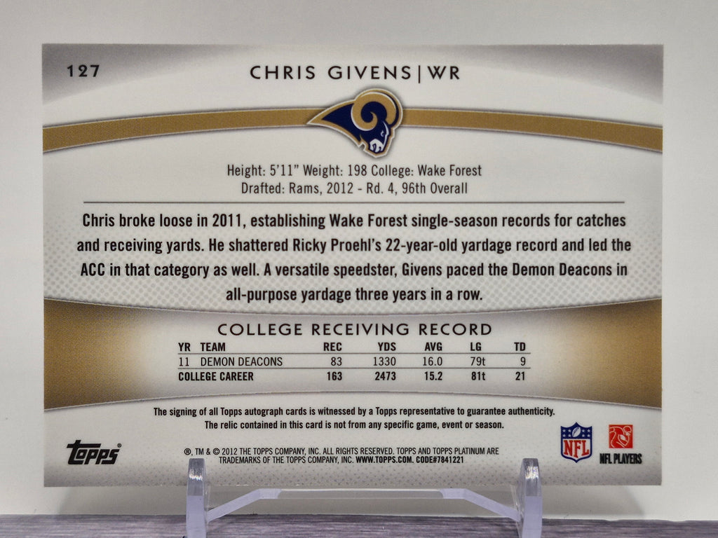 2012 Topps #127 Chris Givens Rookie Patch Autographs Green Refractors