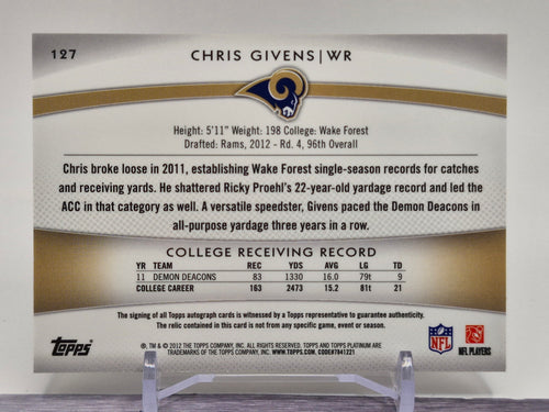 2012 Topps #127 Chris Givens Rookie Patch Autographs Green Refractors