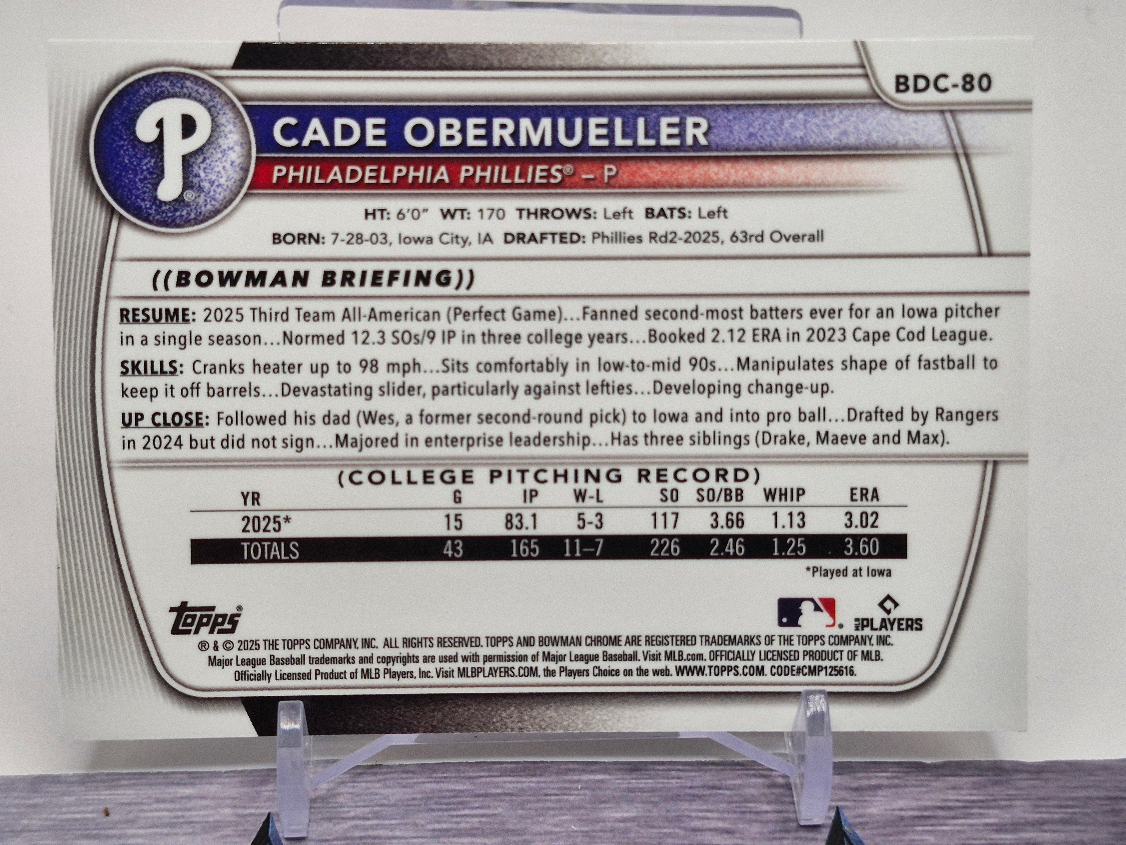 2025 Bowman Draft #BDC-80 Cade Obermueller Chrome Mojo Refractor