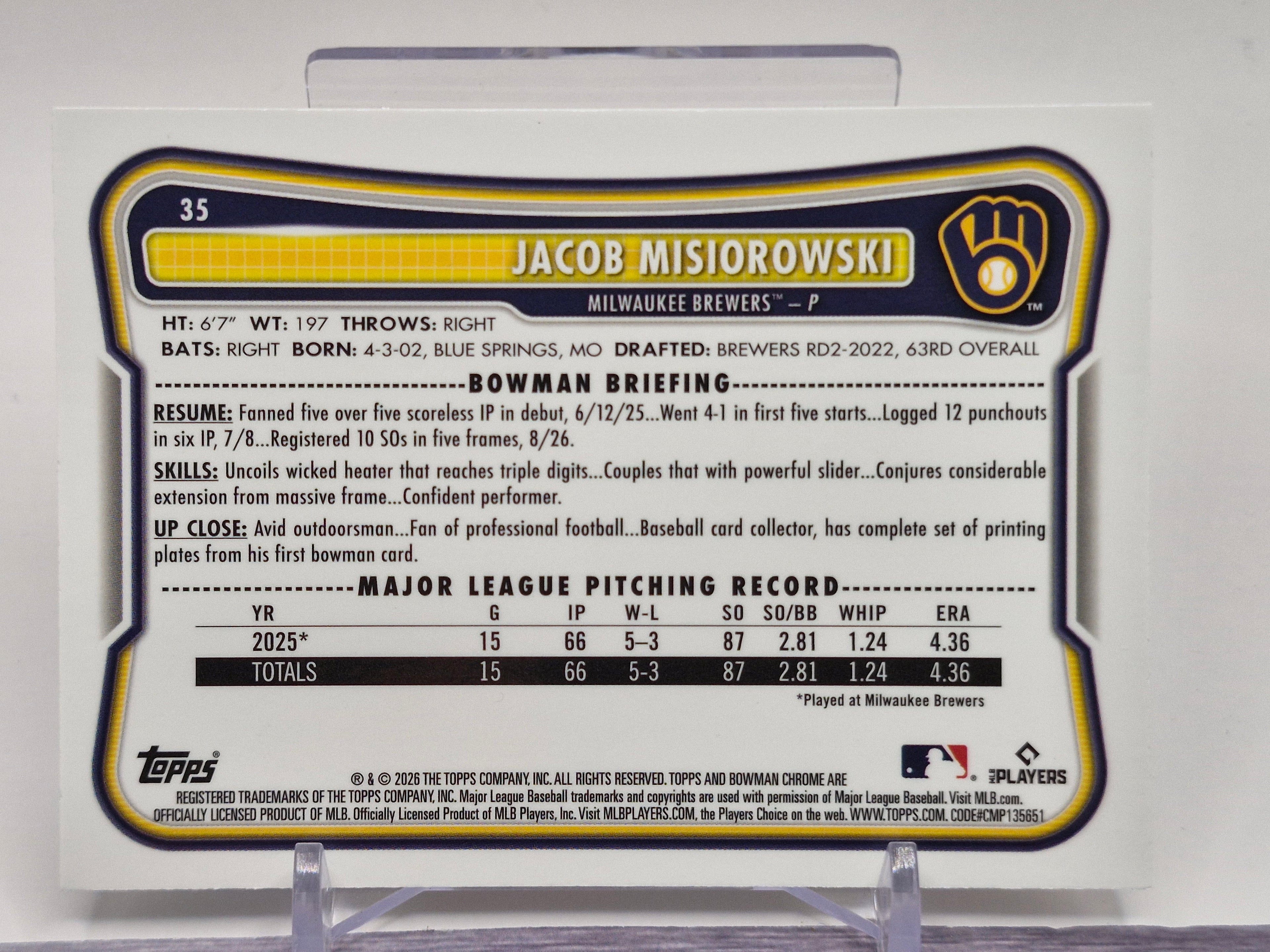 2026 Bowman #35 Jacob Misiorowski Chrome Mojo Refractors
