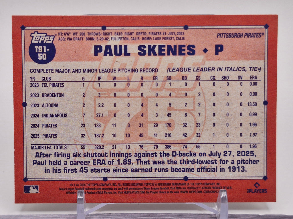 2026 Topps #T91-50 Paul Skenes 1991 Topps Baseball 35th Anniversary (Series One)