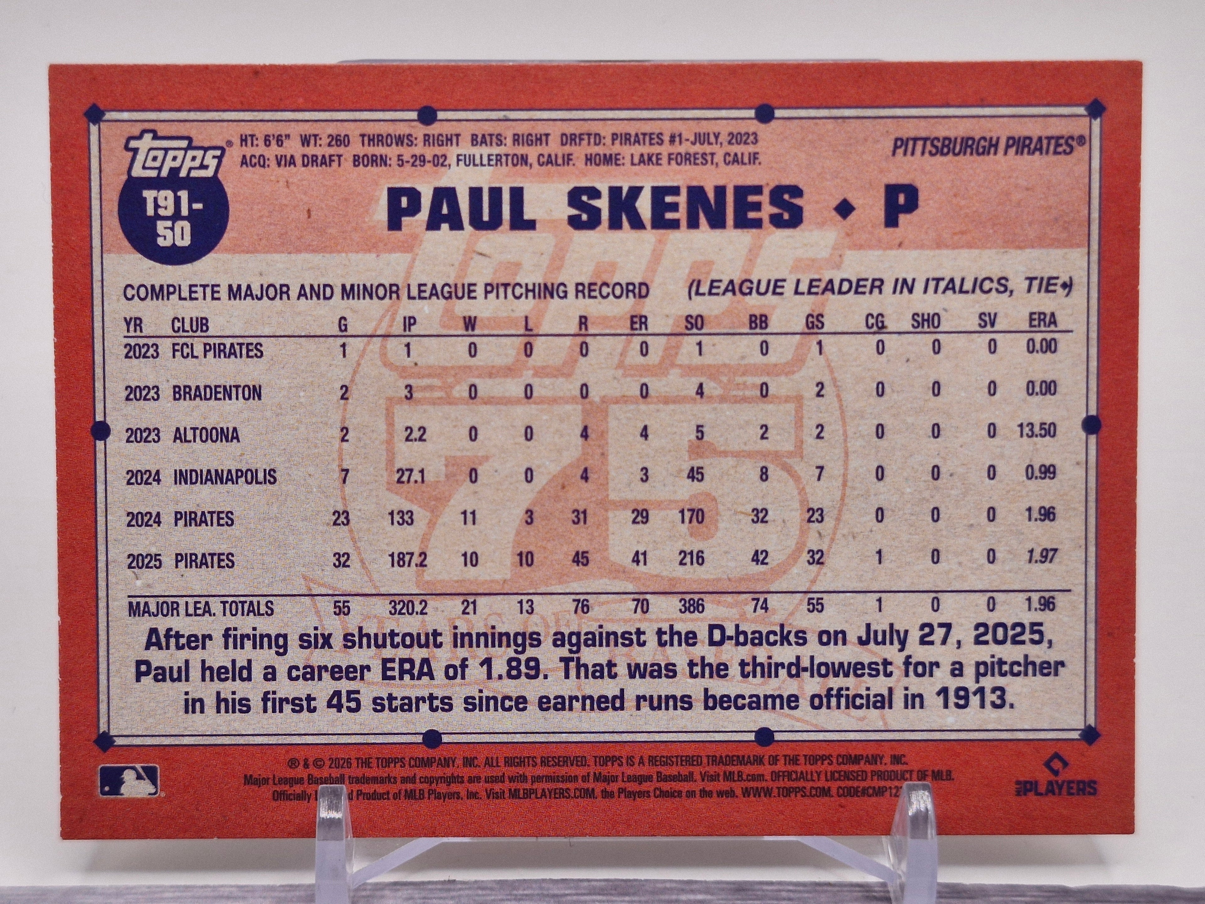 2026 Topps #T91-50 Paul Skenes 1991 Topps Baseball 35th Anniversary (Series One)