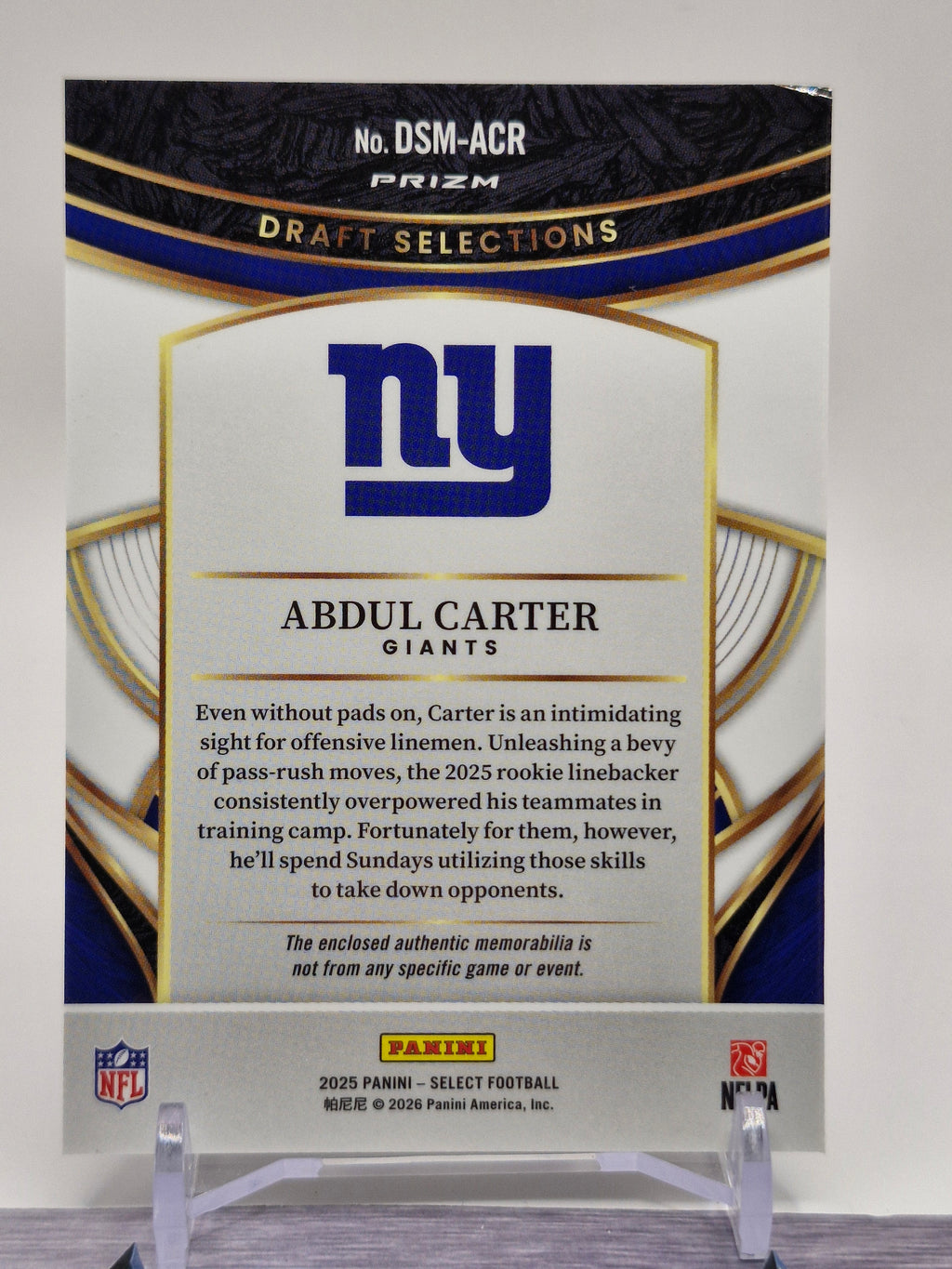 2025 Panini Select #DSM-ACR Abdul Carter Draft Selections Memorabilia Blue Prizm