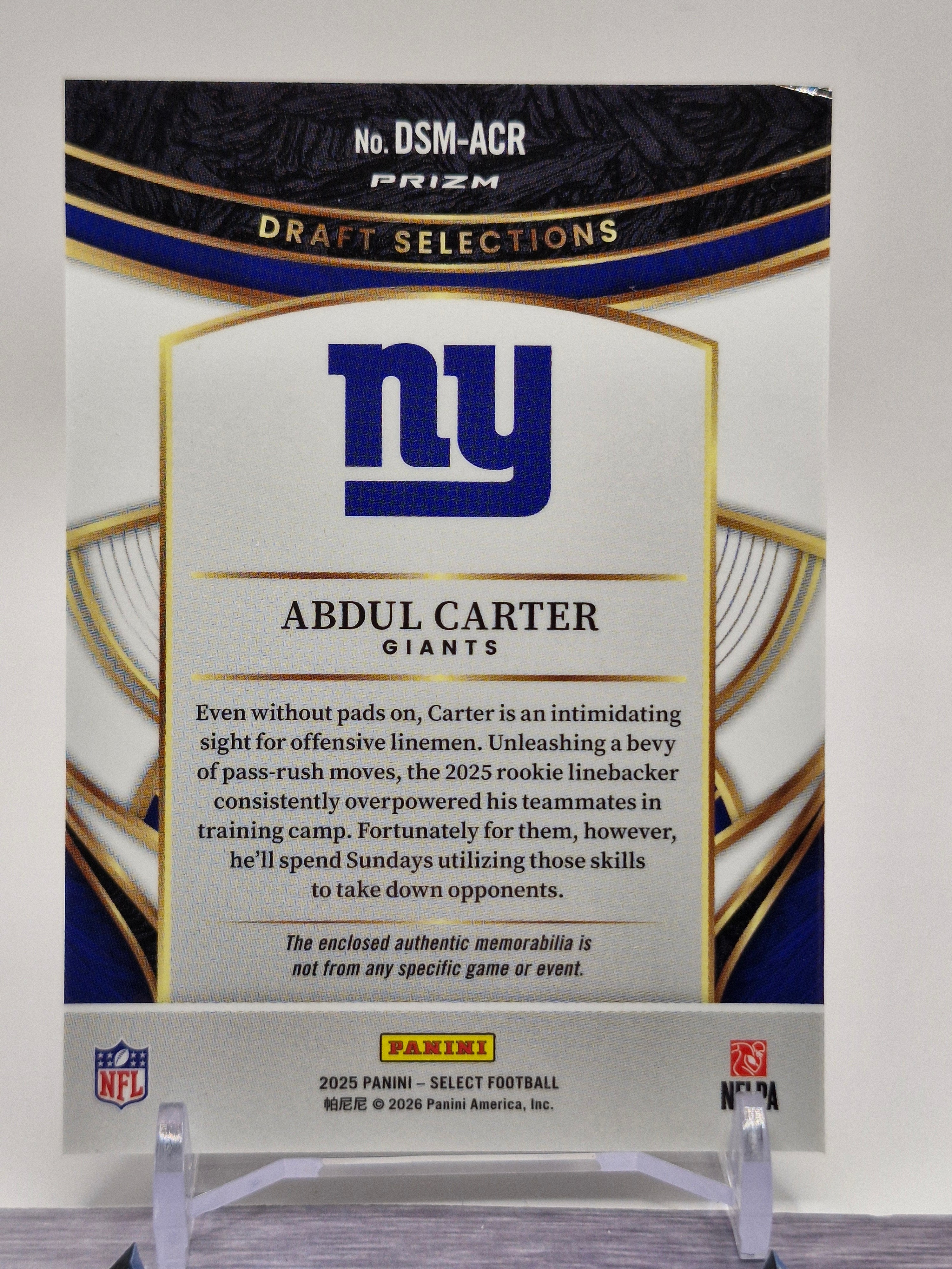 2025 Panini Select #DSM-ACR Abdul Carter Draft Selections Memorabilia Blue Prizm