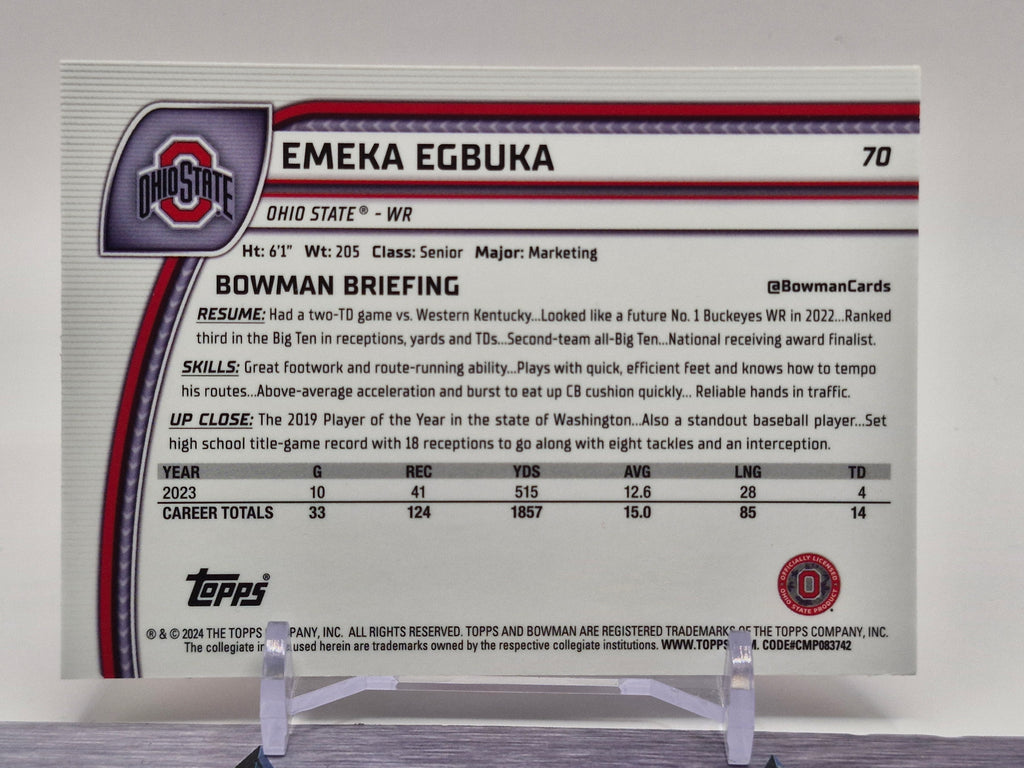 2024 Bowman University Chrome #70 Emeka Egbuka Stealth Refractor