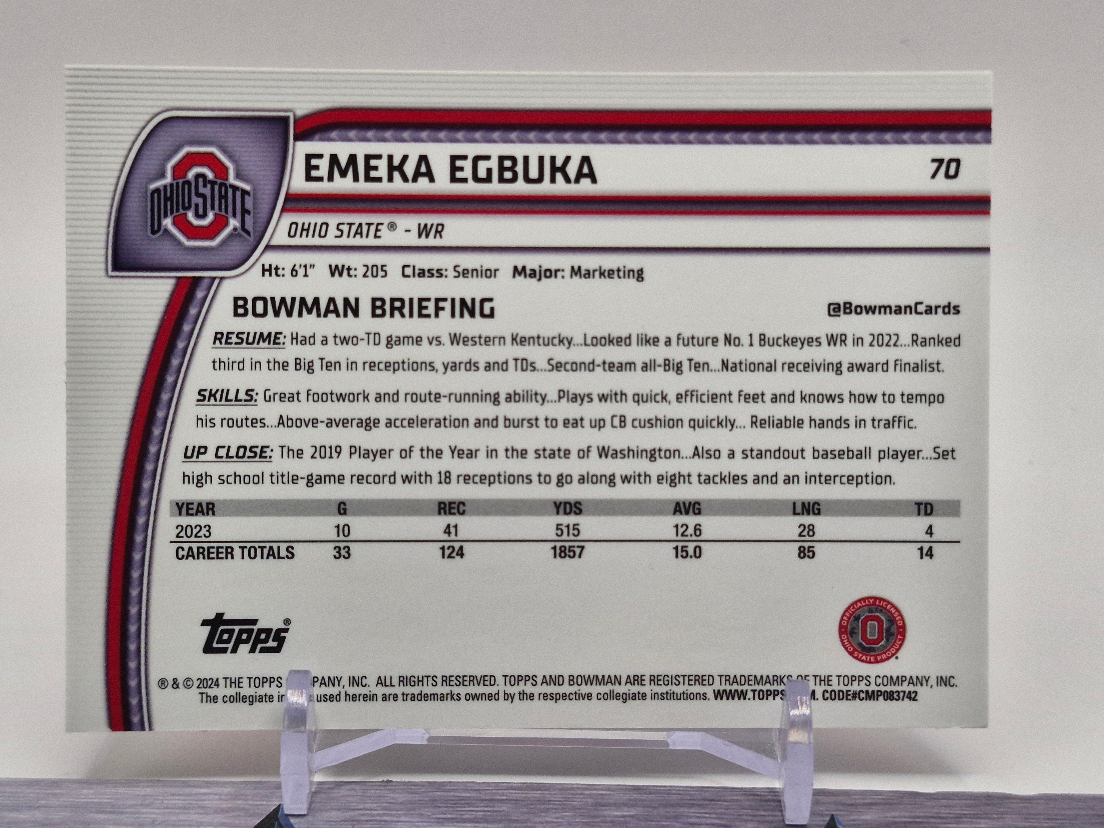 2024 Bowman University Chrome #70 Emeka Egbuka Stealth Refractor