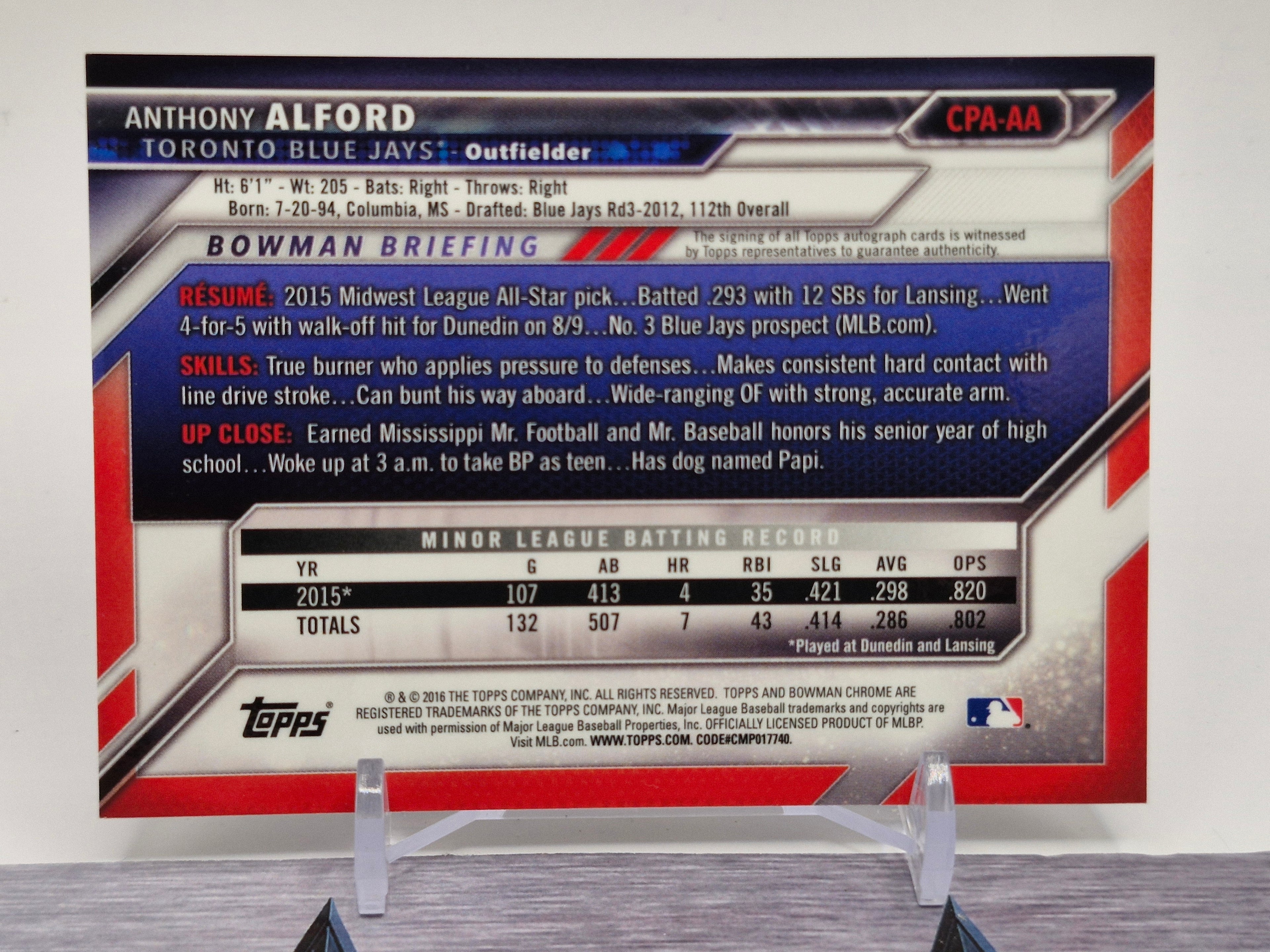 2016 Bowman #CPA-AA Anthony Alford Chrome Prospect Autographs