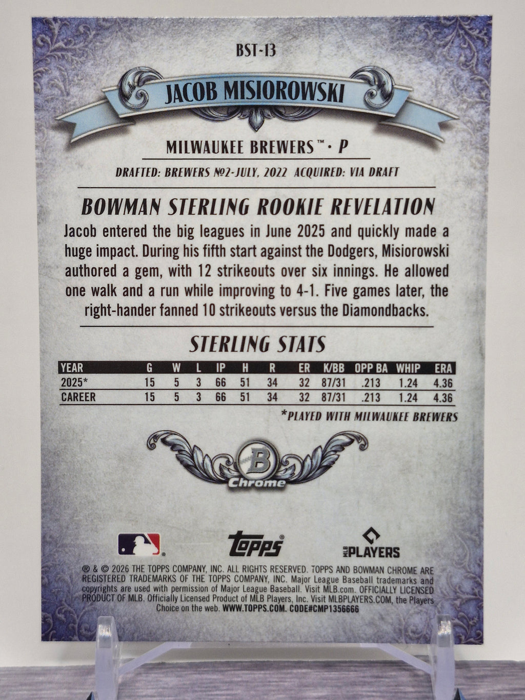 2026 Bowman #BST-13 Jacob Misiorowski Bowman Sterling Mojo Refractors