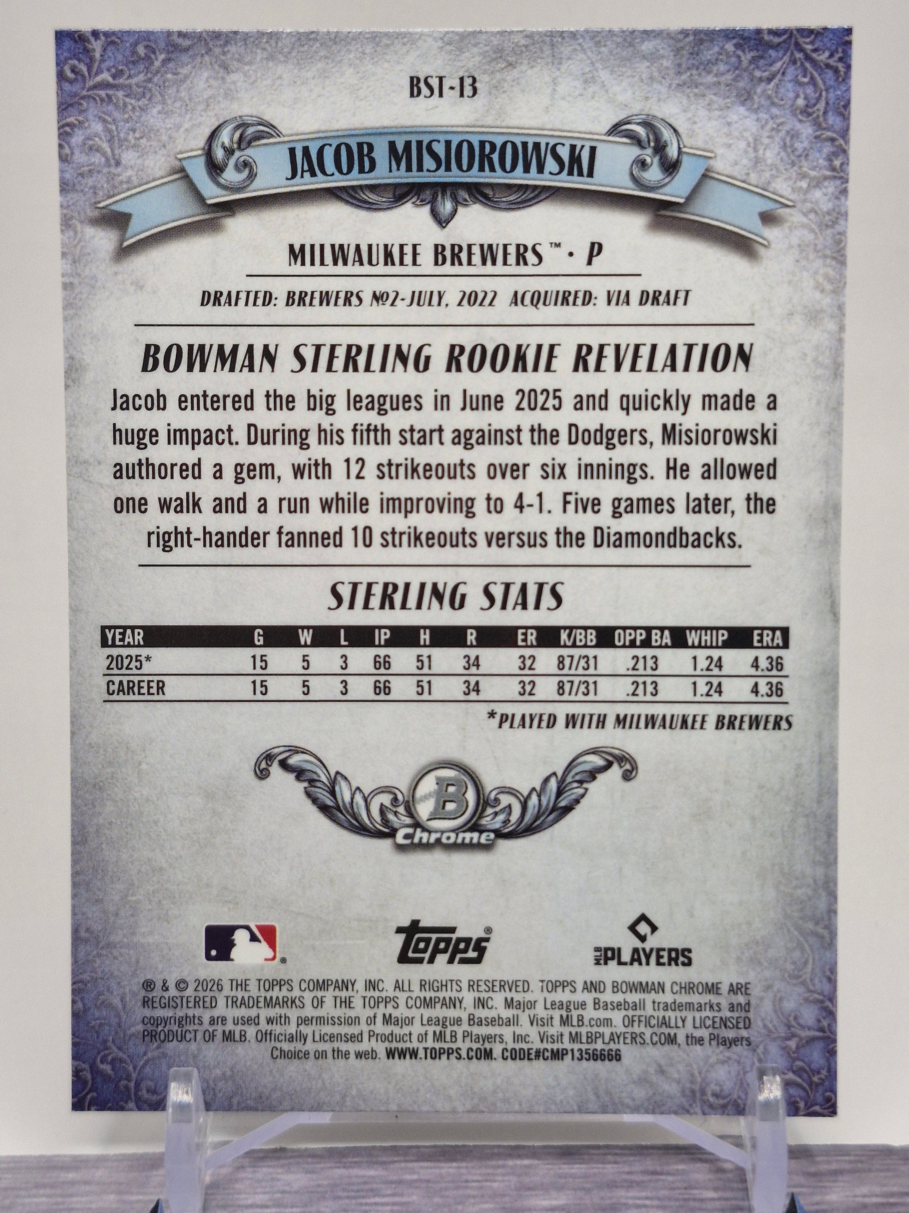 2026 Bowman #BST-13 Jacob Misiorowski Bowman Sterling Mojo Refractors