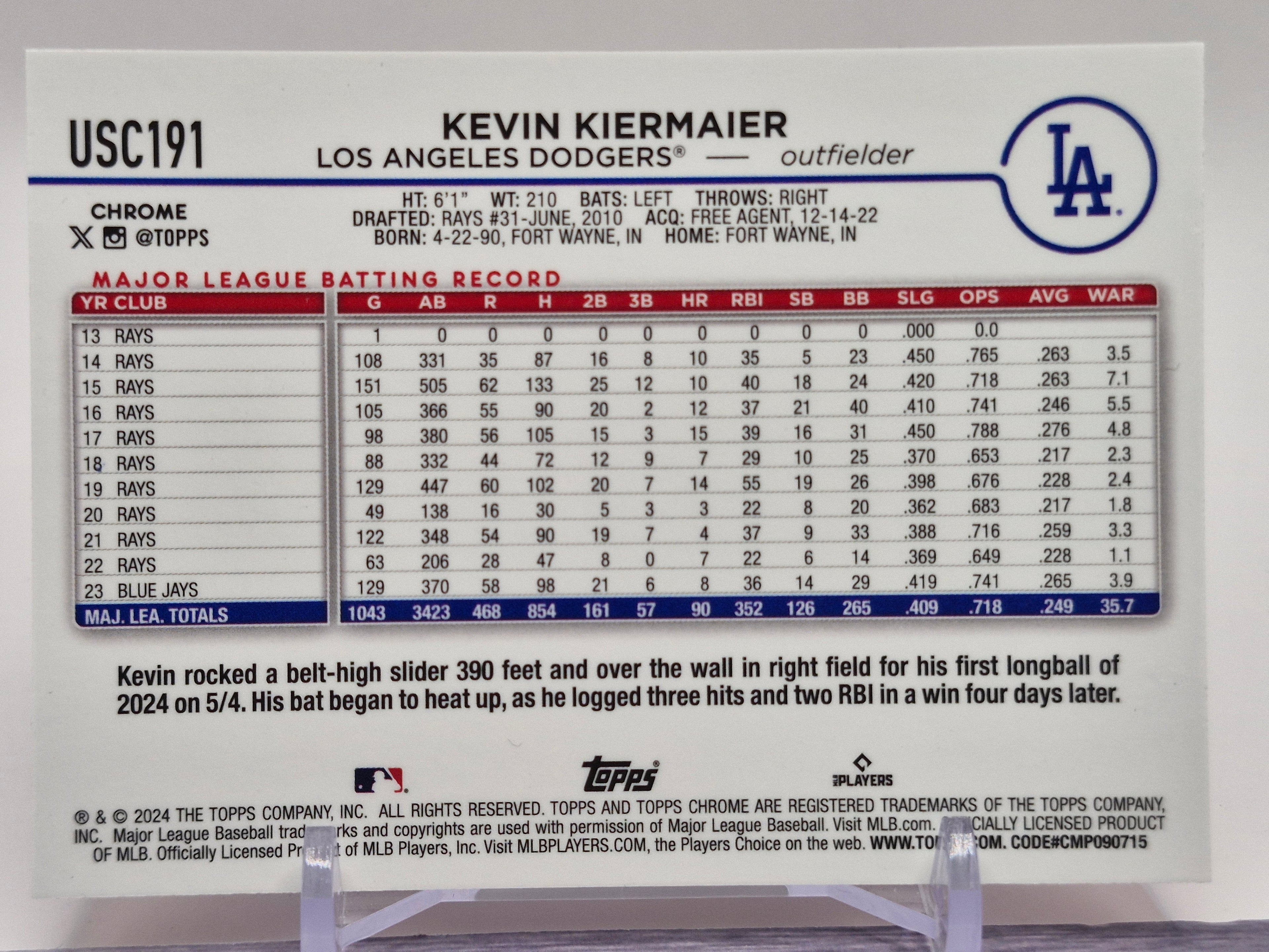 2024 Topps Chrome Update #USC191 Kevin Kiermaier Refractors #/399