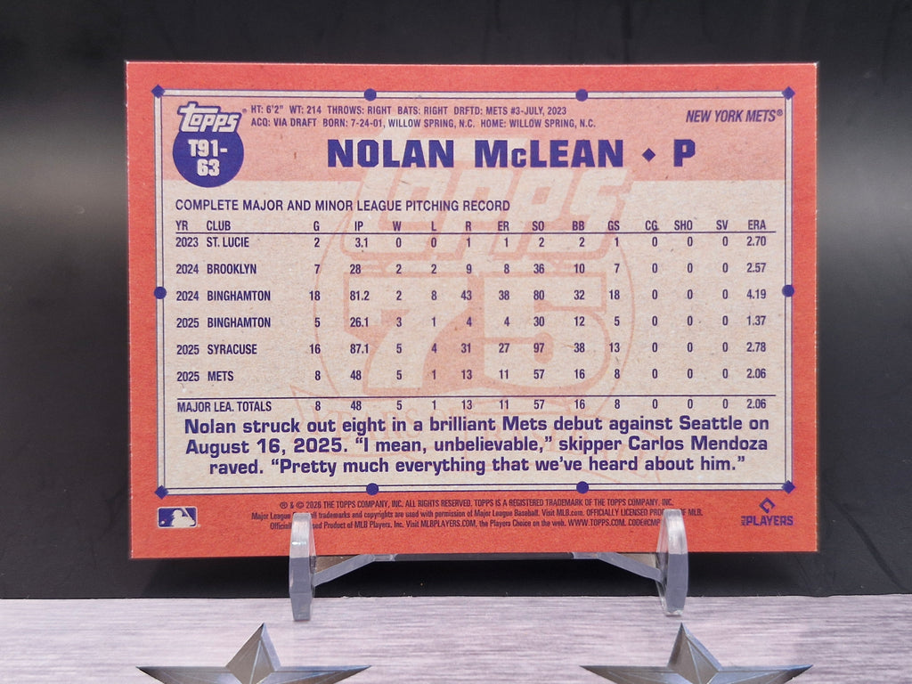 2026 Topps #T91-63 Nolan McLean 1991 35th Anniversary Blue (Series One)