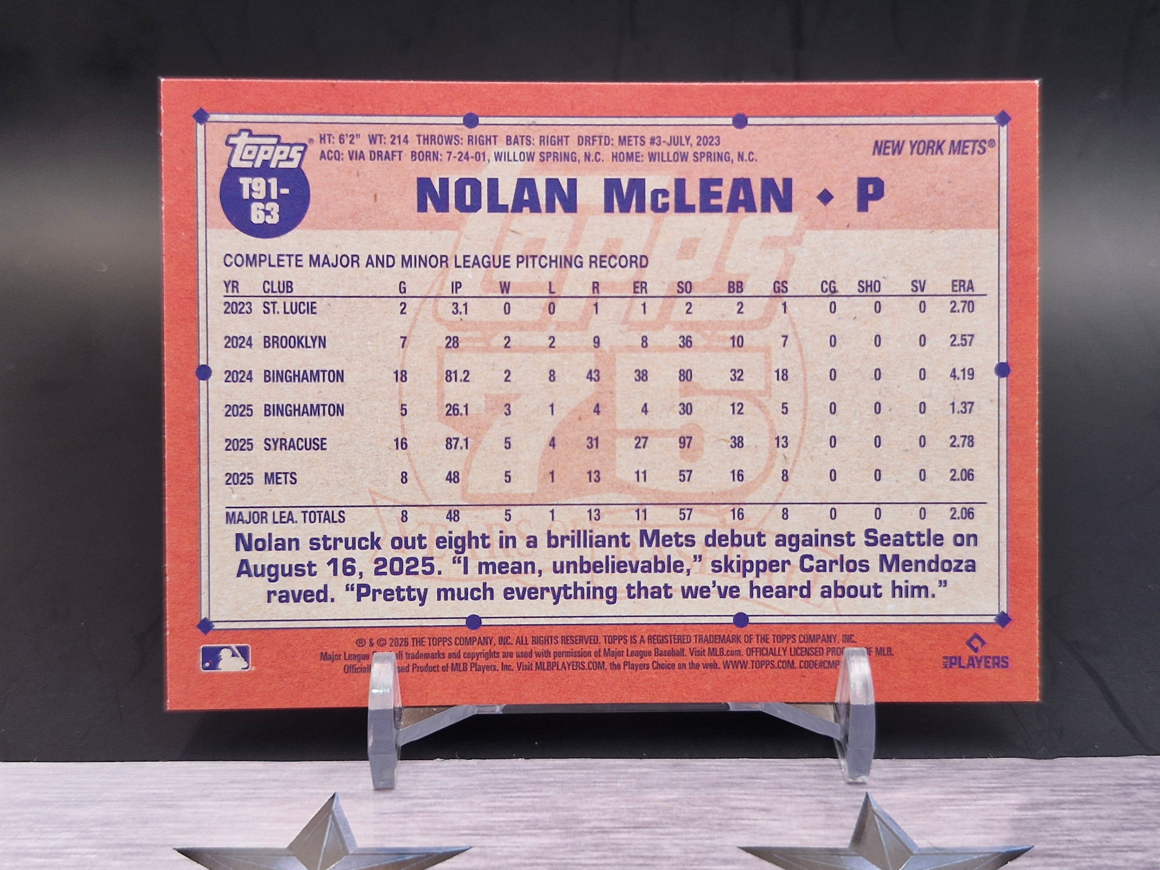 2026 Topps #T91-63 Nolan McLean 1991 35th Anniversary Blue (Series One)