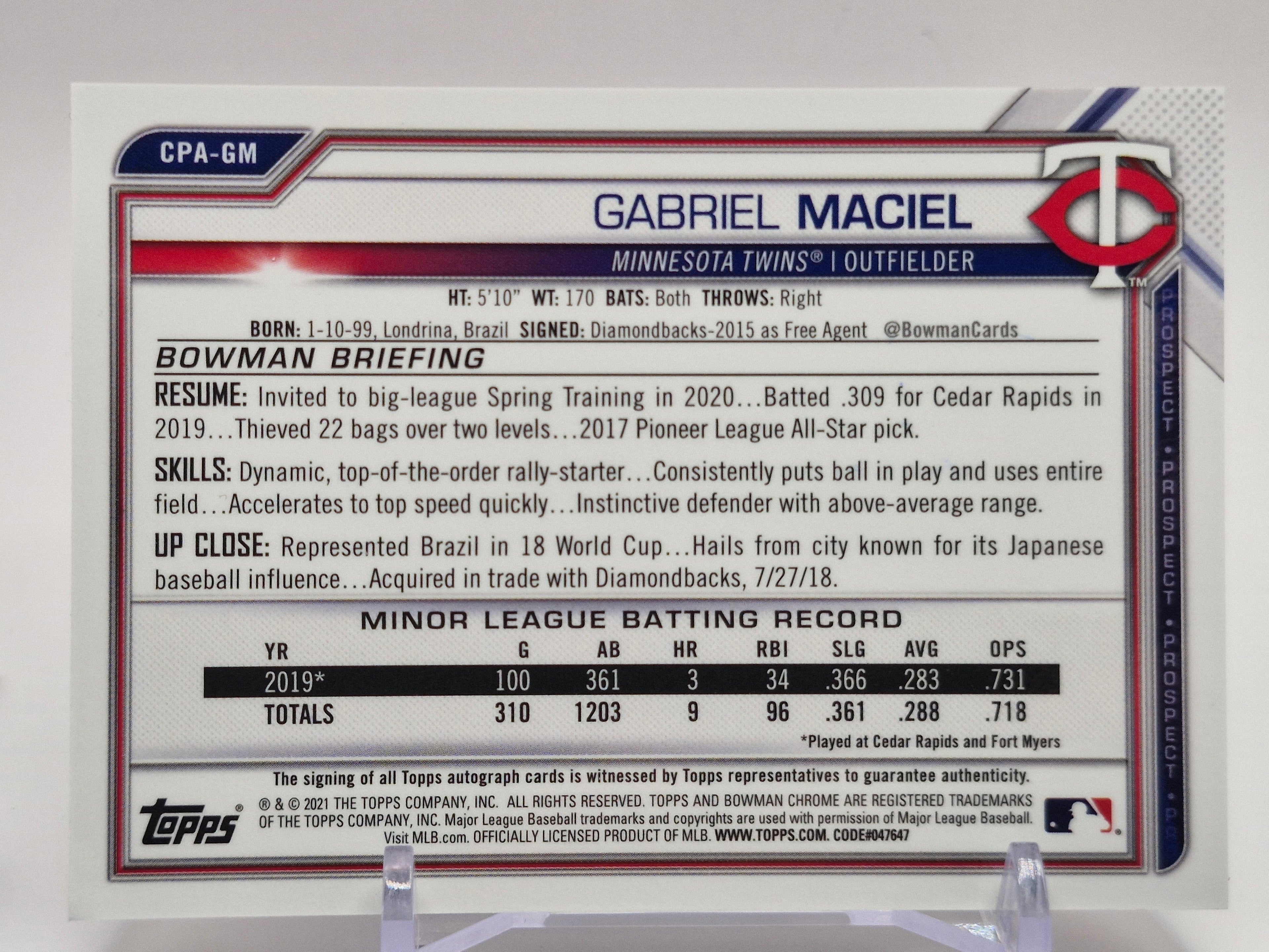 2021 Bowman Chrome #CPA-GM Gabriel Maciel Prospect Auto Green Refractor
