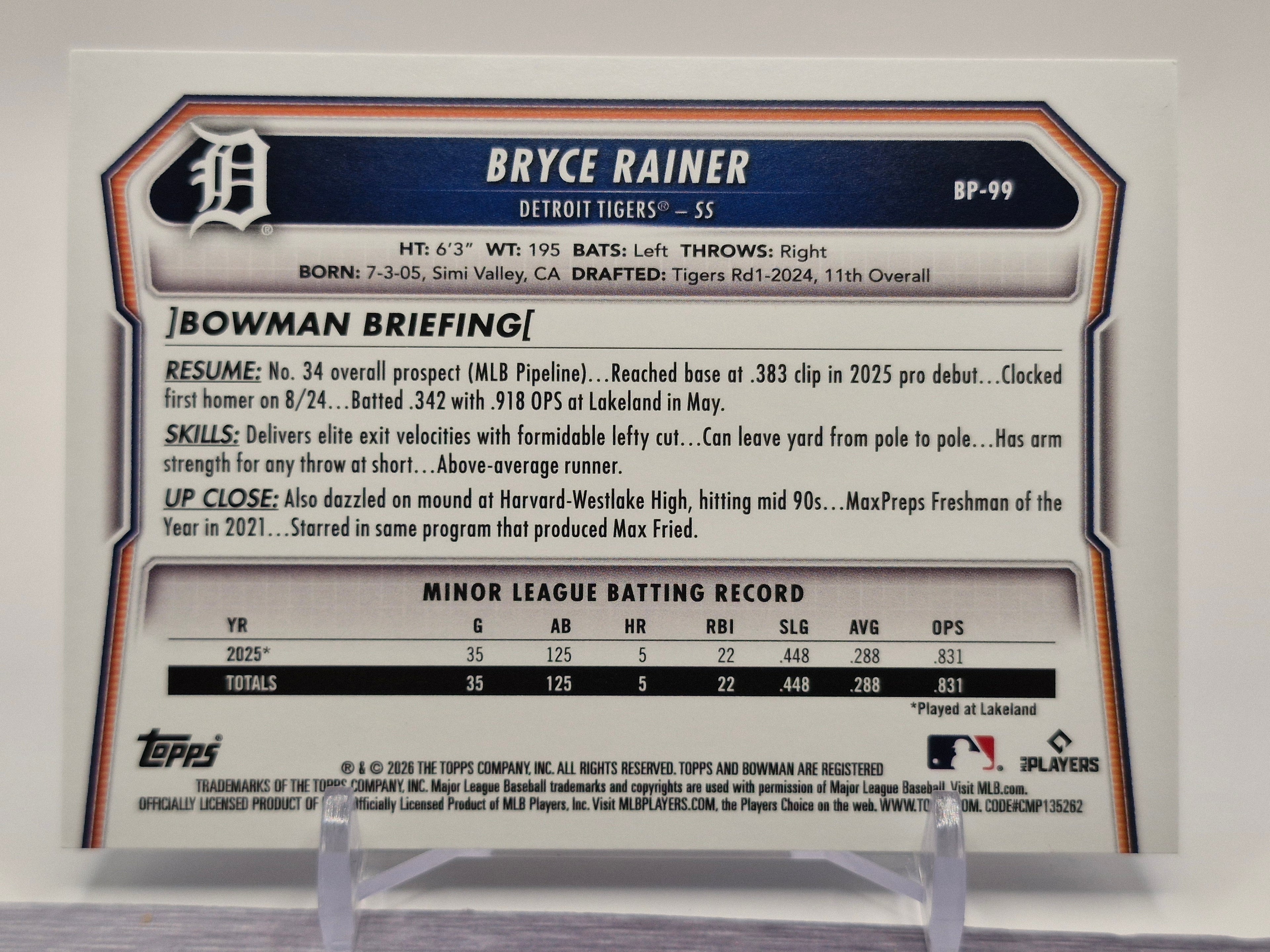 2026 Bowman #BP-99 Bryce Rainer Prospects #/499