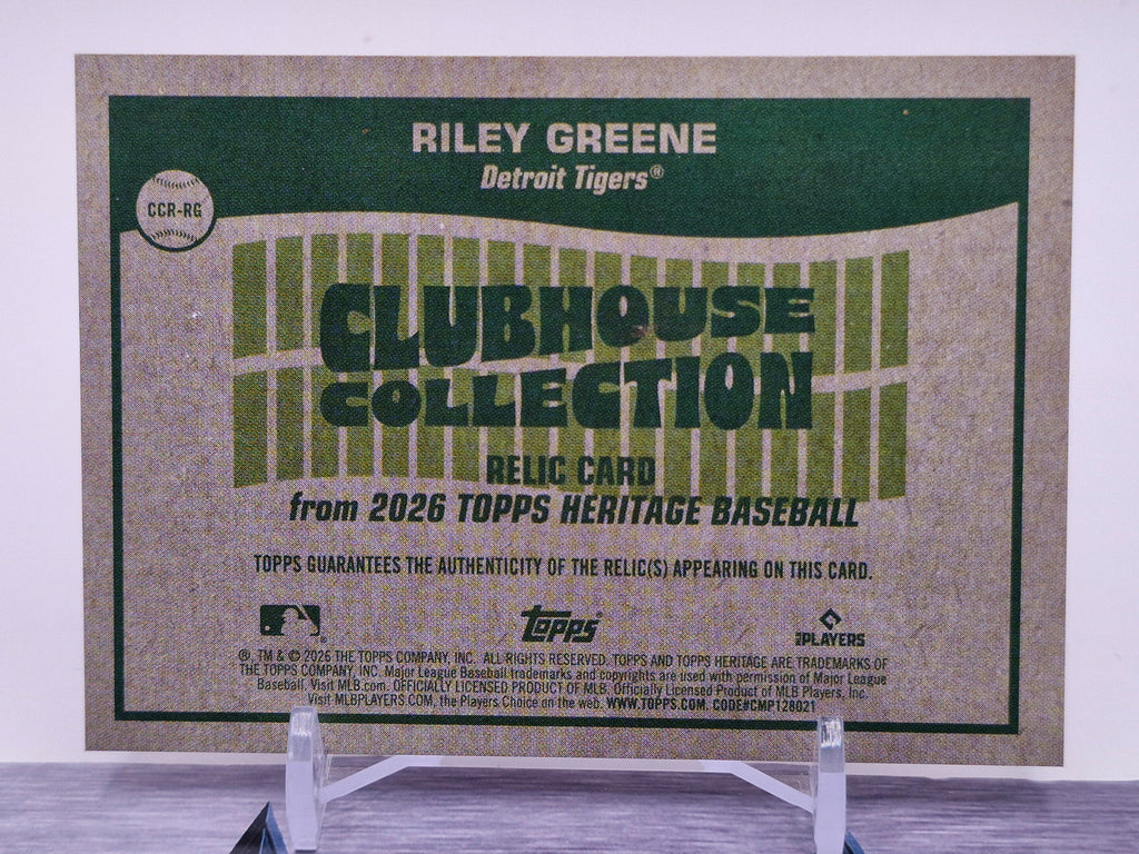 2026 Topps Heritage #CCR-RG Riley Greene Clubhouse Collection Relics