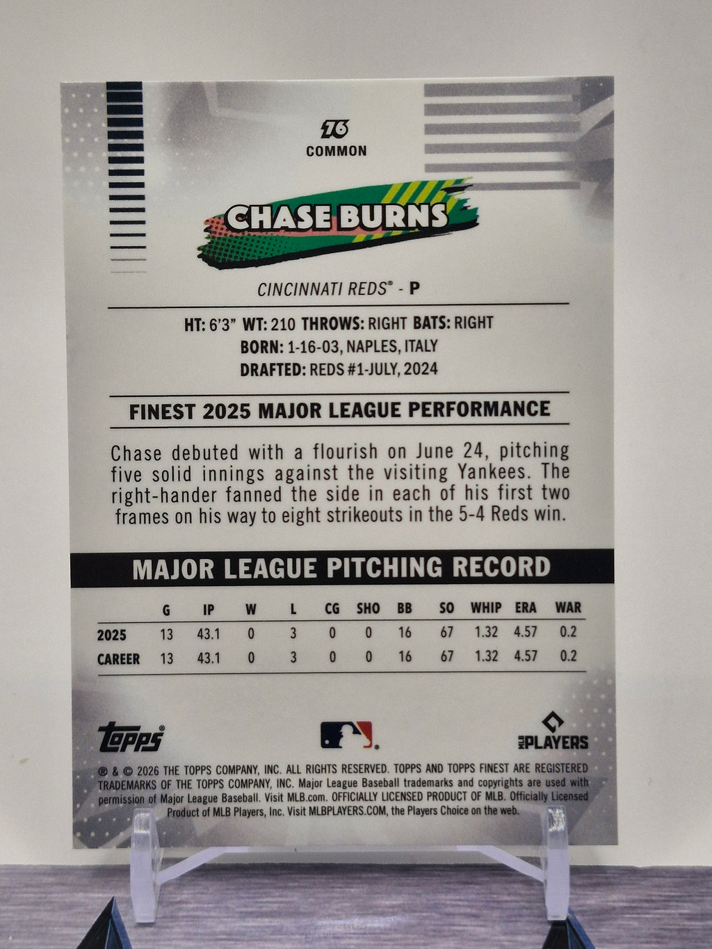 2025 Finest #76 Chase Burns Topps Finest 2025 Rookie Chase Burns #76 Reds