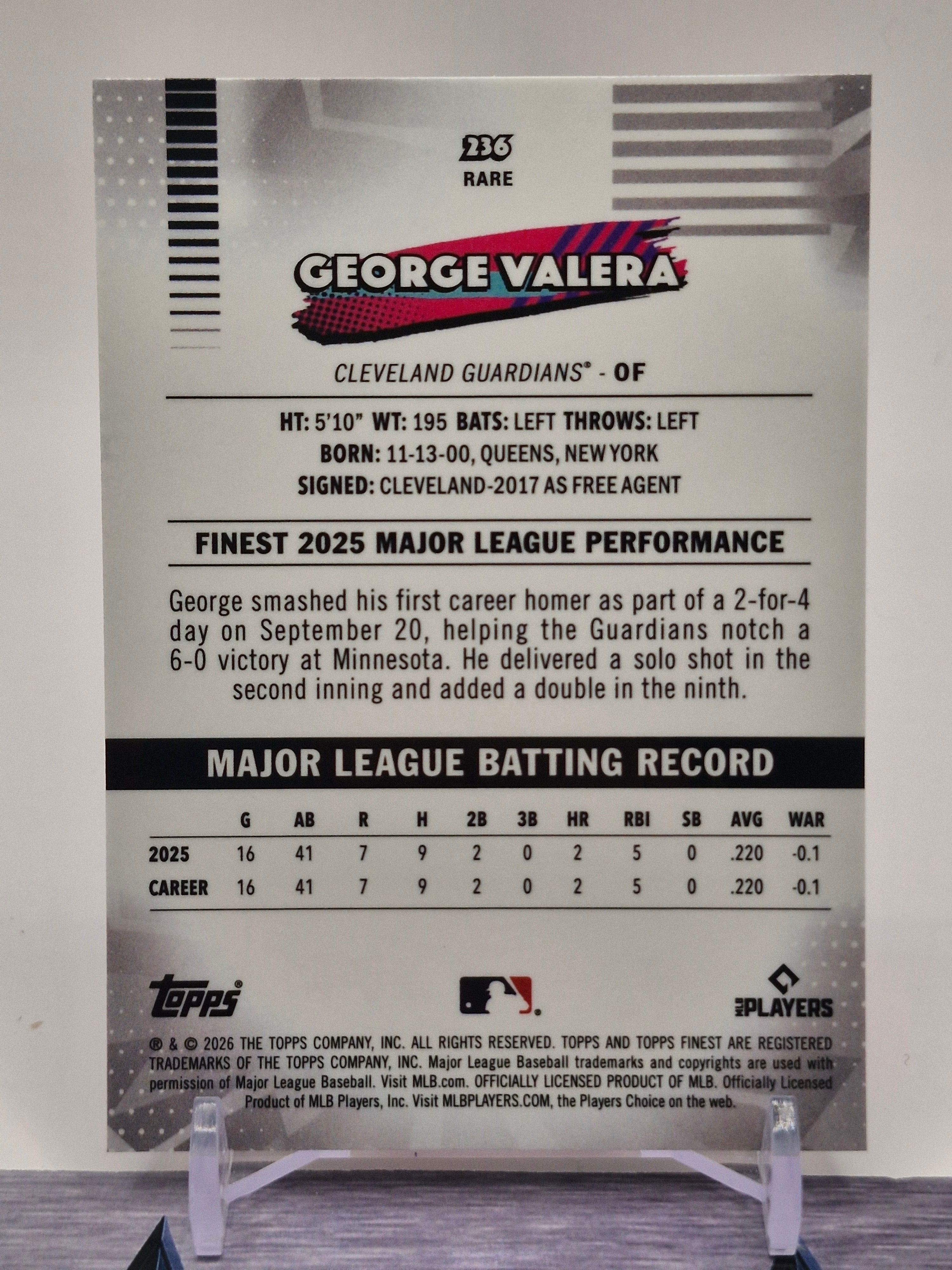 2026 Finest #236 George Valera Pink Refractors #/250