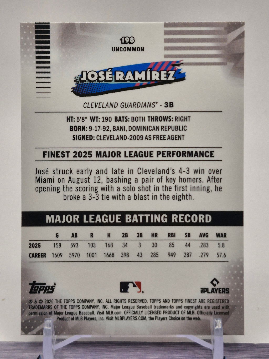 2026 Finest #198 José Ramírez Pink Refractors #/250