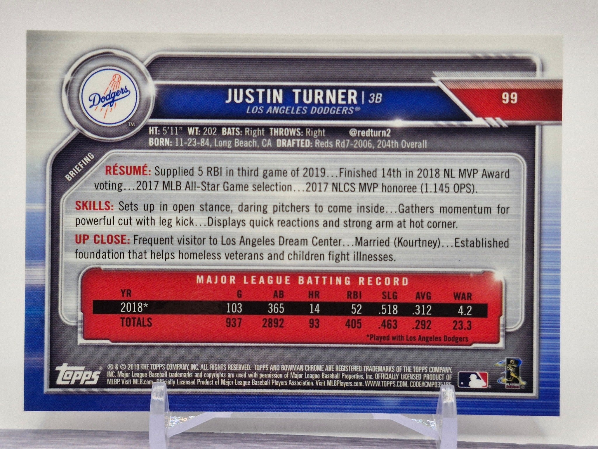 2019 Bowman Chrome #99 Justin Turner Purple Refractor #/250