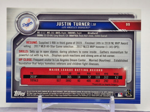 2019 Bowman Chrome #99 Justin Turner Purple Refractor #/250