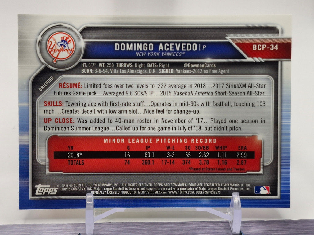 2019 Bowman #BCP-34 Domingo Acevedo Chrome Prospects Aqua Refractor #/125