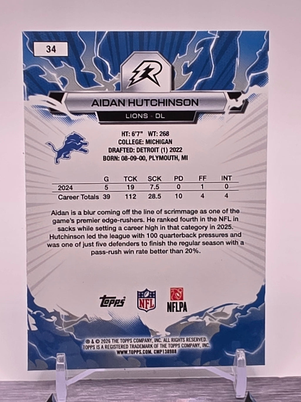 2025 Topps Resurgence #34 Aidan Hutchinson Sky Blue & Pink Shock Refractor