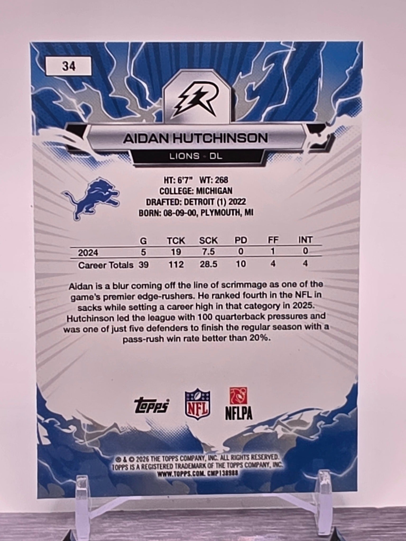 2025 Topps Resurgence #34 Aidan Hutchinson Sky Blue & Pink Shock Refractor
