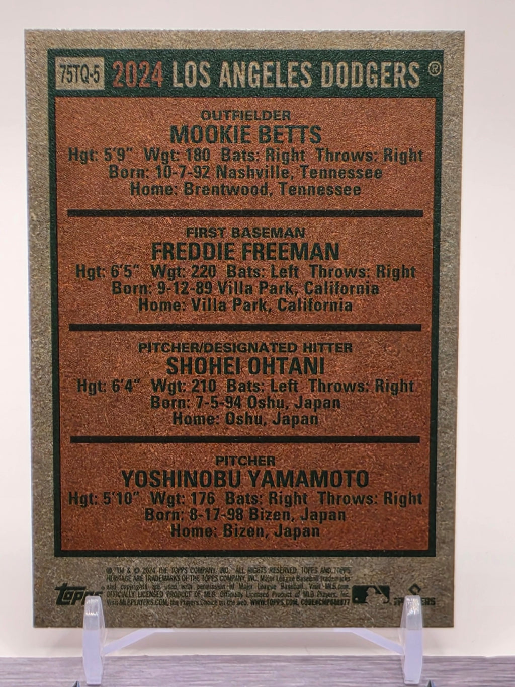 2024 Heritage #75TQ-5 Yamamoto / Ohtani / Freeman / Betts 1975 Topps Team Quads