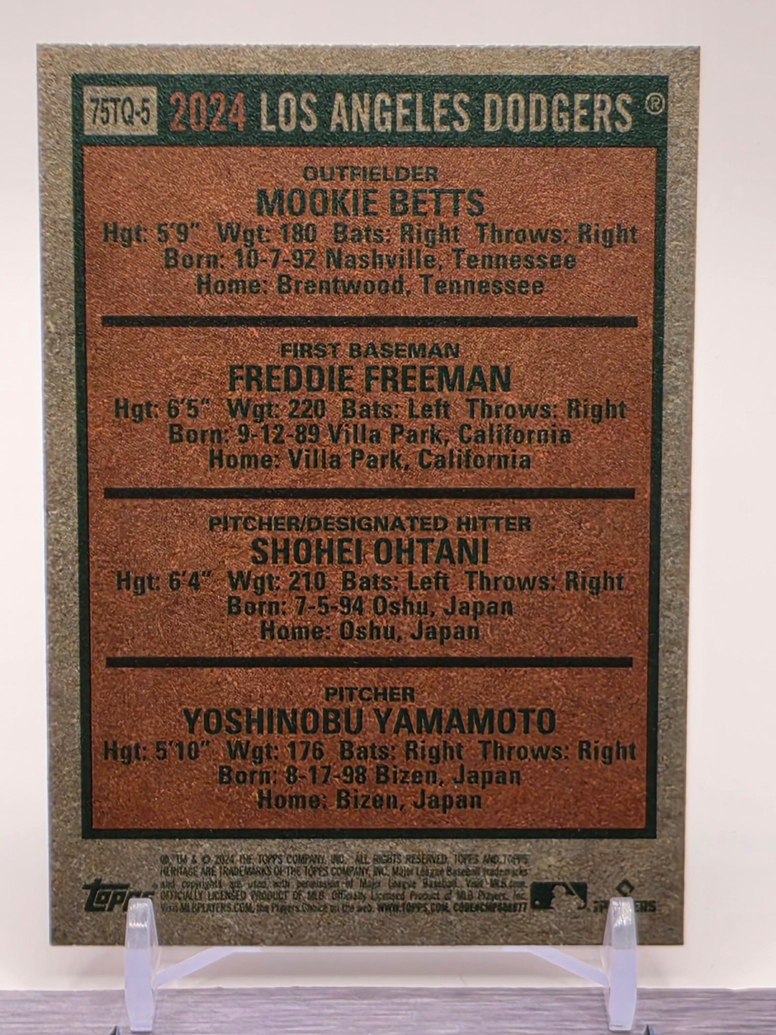 2024 Heritage #75TQ-5 Yamamoto / Ohtani / Freeman / Betts 1975 Topps Team Quads