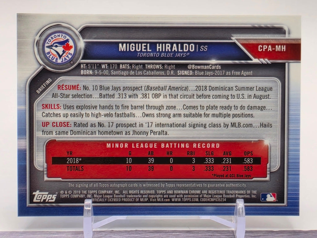 2019 Bowman Chrome #CPA-MH Miguel Hiraldo Prospects Autographs Refractor #/499