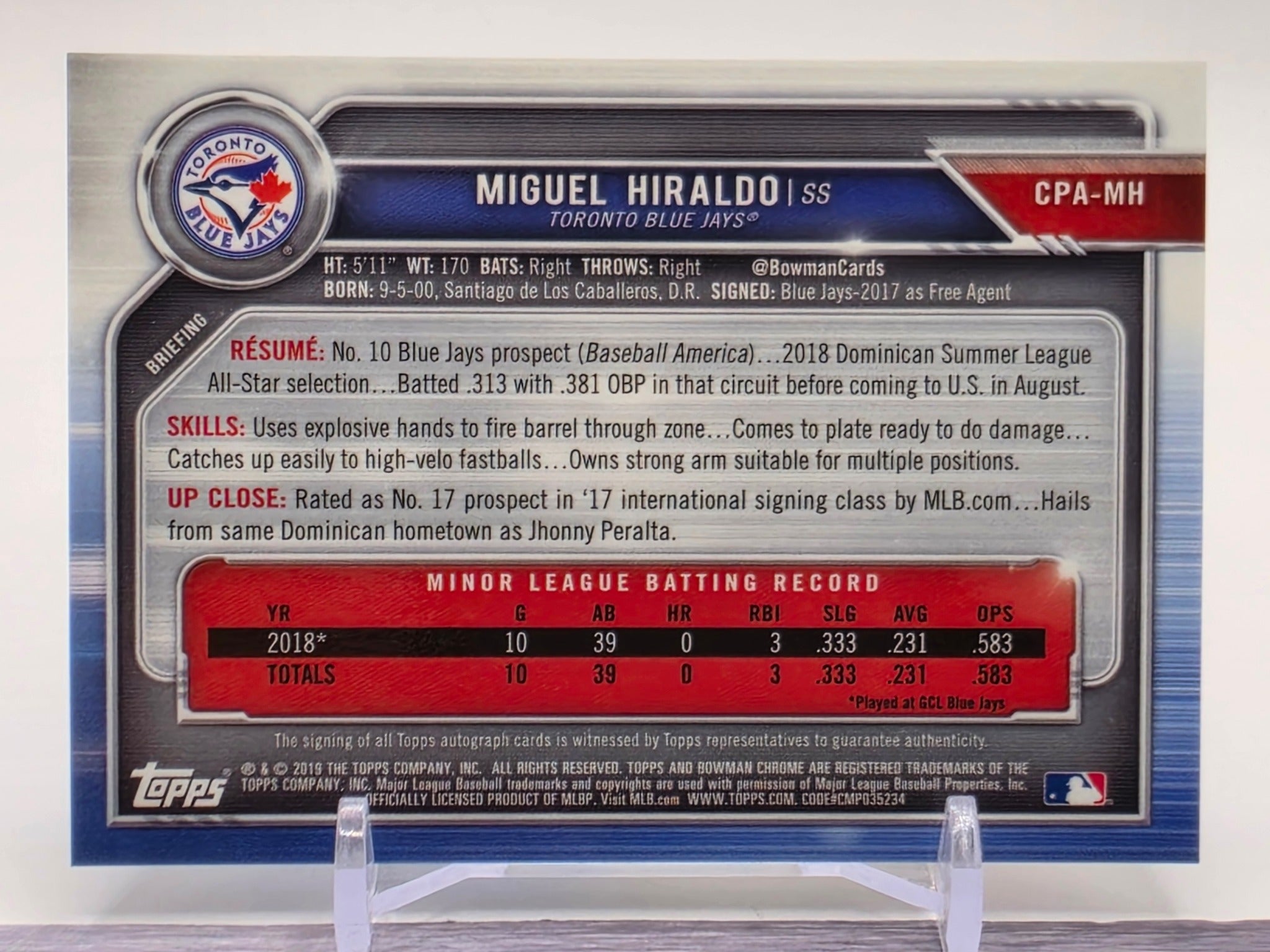 2019 Bowman Chrome #CPA-MH Miguel Hiraldo Prospects Autographs Refractor #/499