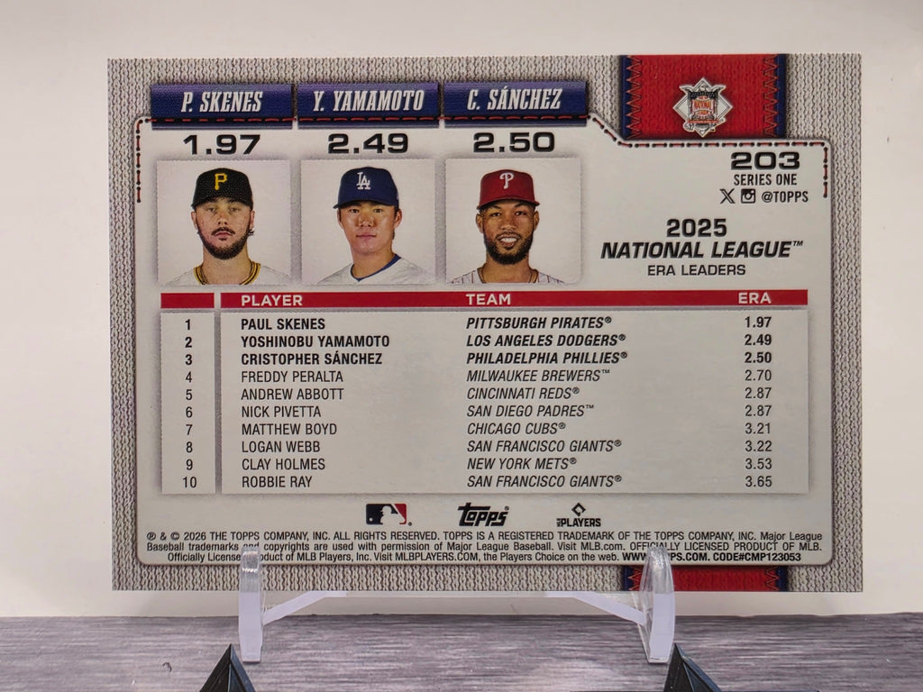 2026 Topps #203 National League Leaders ERA (Paul Skenes / Yamamoto / Sánchez)