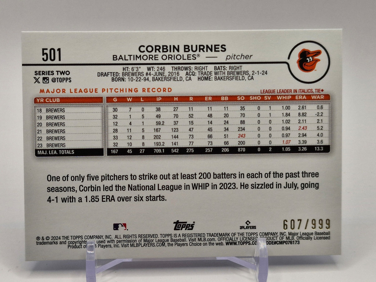 2024 Topps #501 Corbin Burnes Orange Crackle Foil #/299
