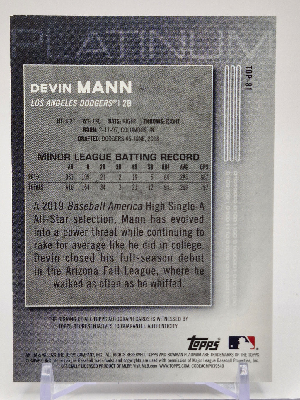 2020 Bowman Platinum #TOP-81 Devin Mann Top Prospect Autographs