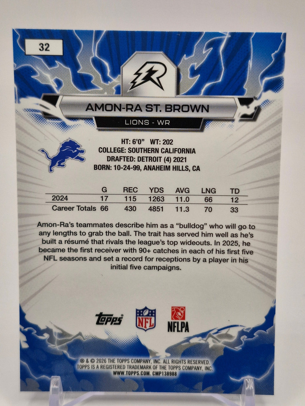 2025 Topps Resurgence #32 Amon-Ra St. Brown Sky Blue & Pink Shock Refractor