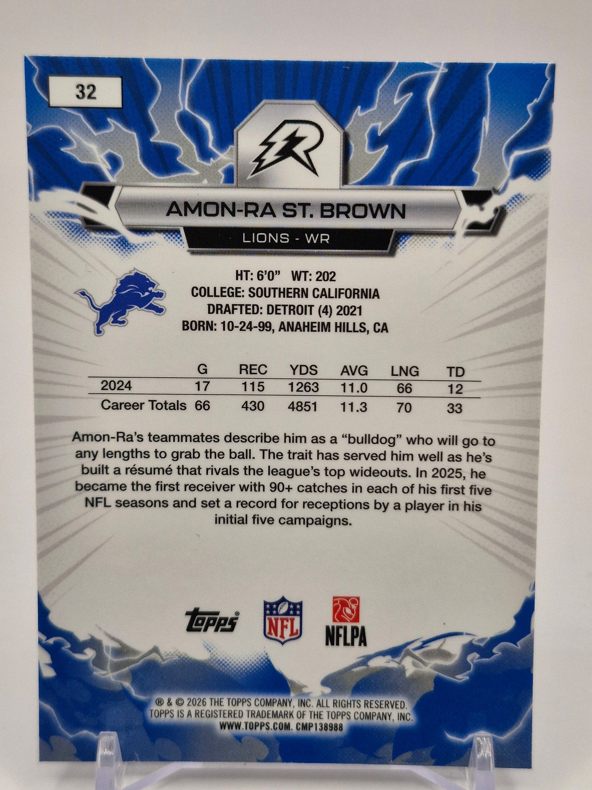 2025 Topps Resurgence #32 Amon-Ra St. Brown Sky Blue & Pink Shock Refractor