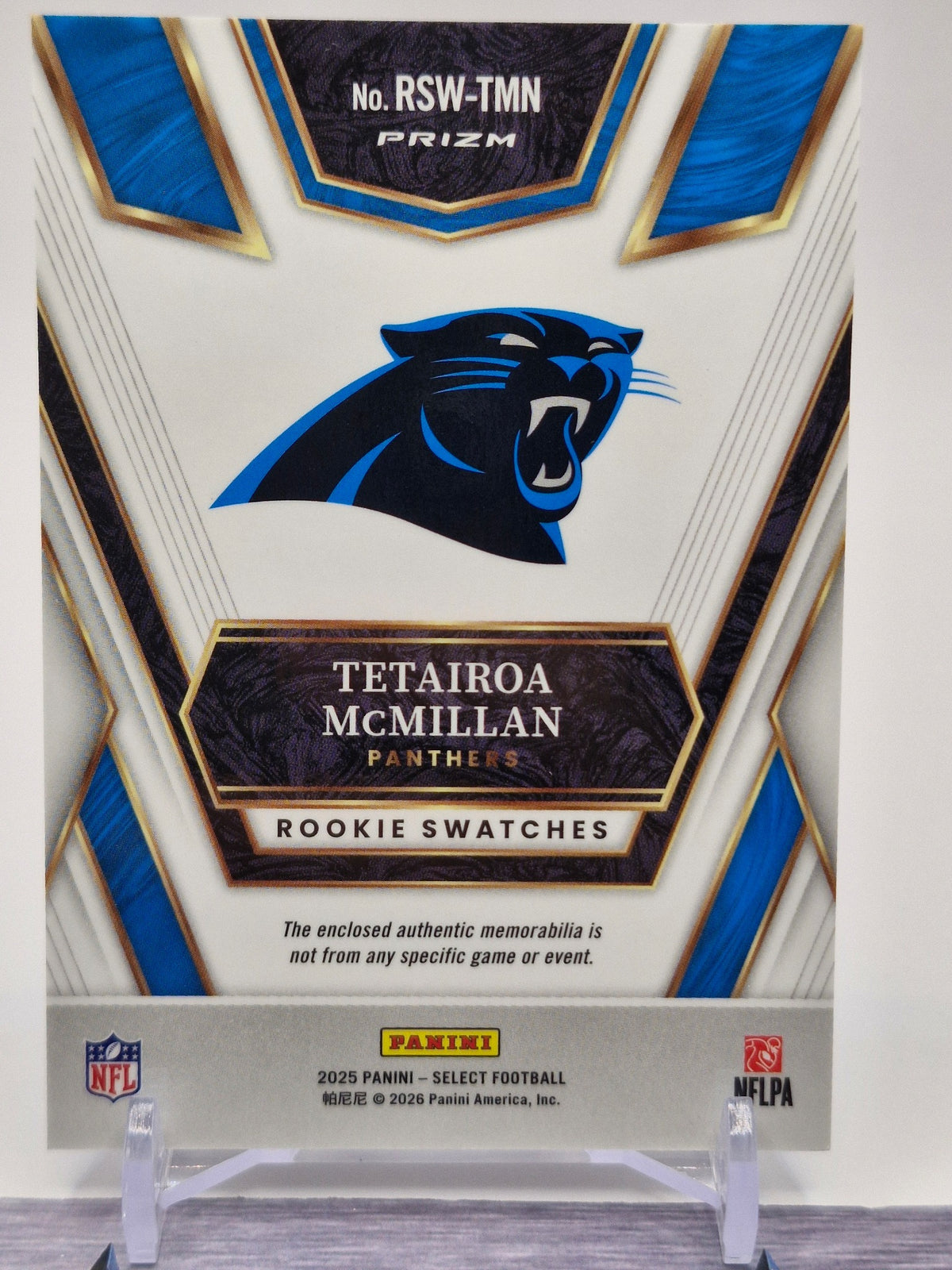 2025 Panini Select #RSW-TMN Tetairoa McMillan Rookie Swatches Blue Prizm