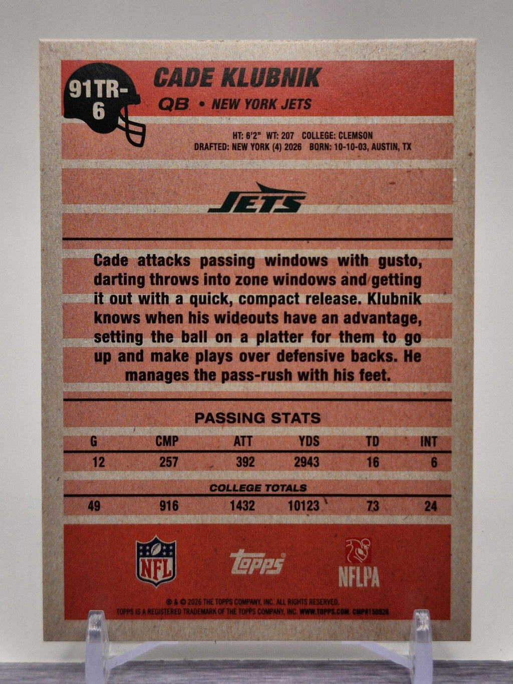 2026 Topps Flagship #91TR-6 Cade Klubnik 1991 Topps Football Rookies