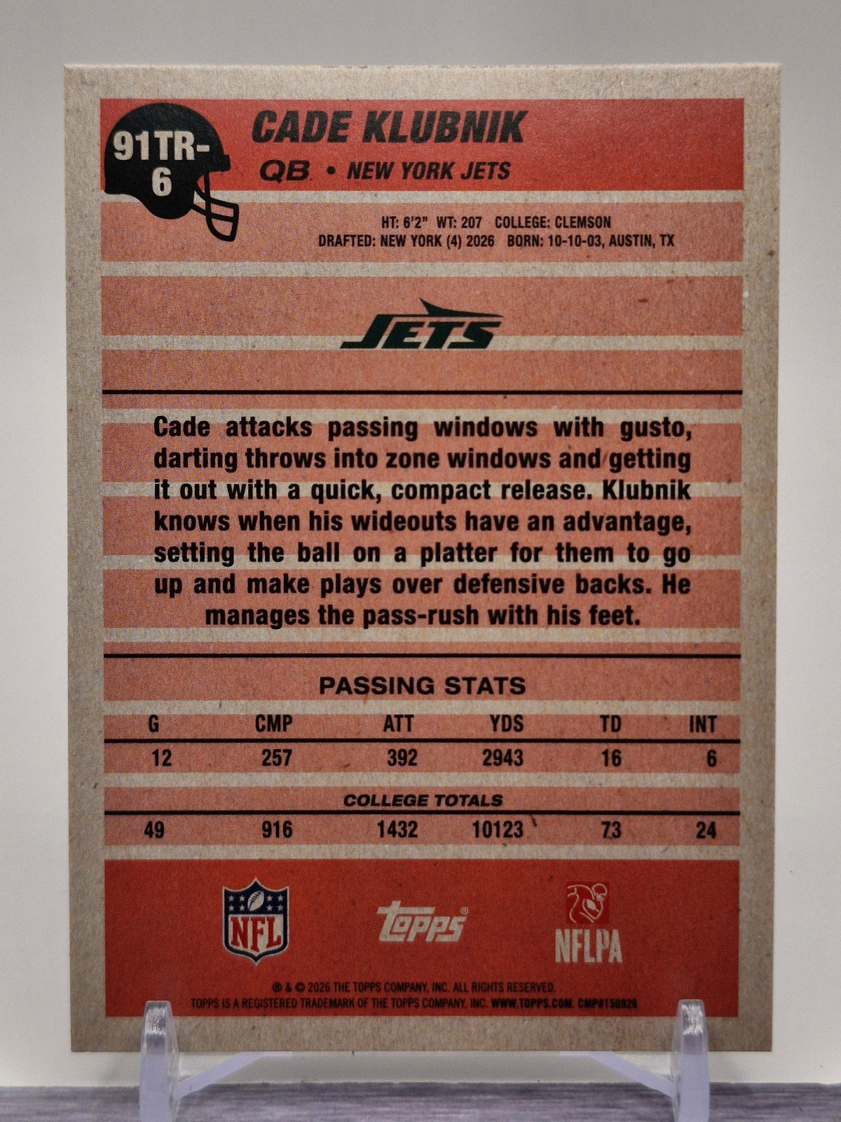 2026 Topps Flagship #91TR-6 Cade Klubnik 1991 Topps Football Rookies