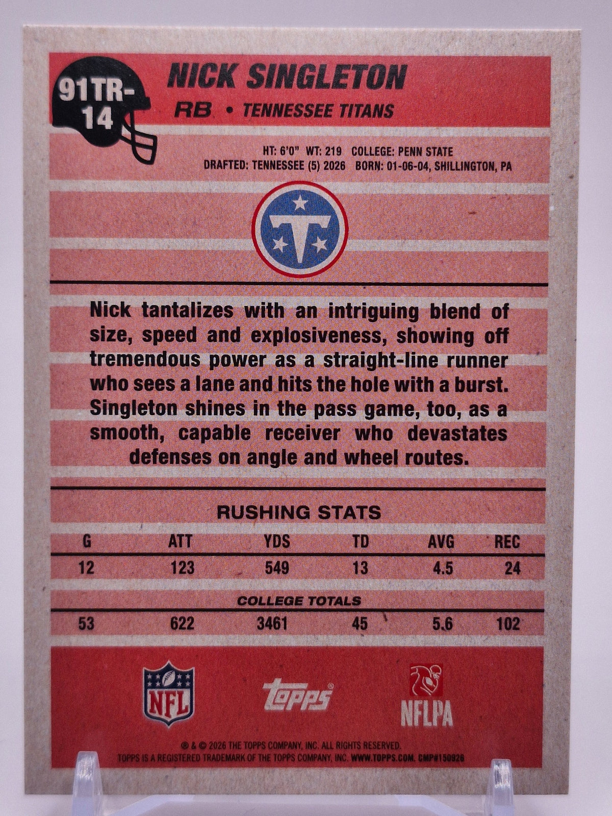 2026 Topps Flagship #91TRC-14 Nick Singleton 1991 Topps Football Rookies Chrome