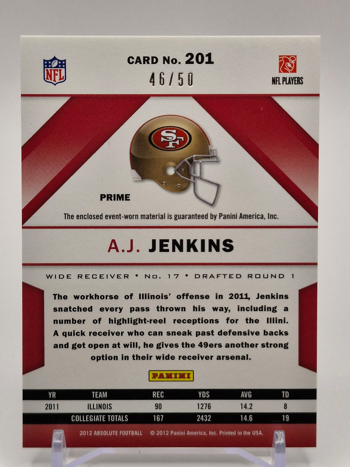 2012 Panini Absolute #201 A.J. Jenkins Rookie Premiere Materials AFC/NFC #/50