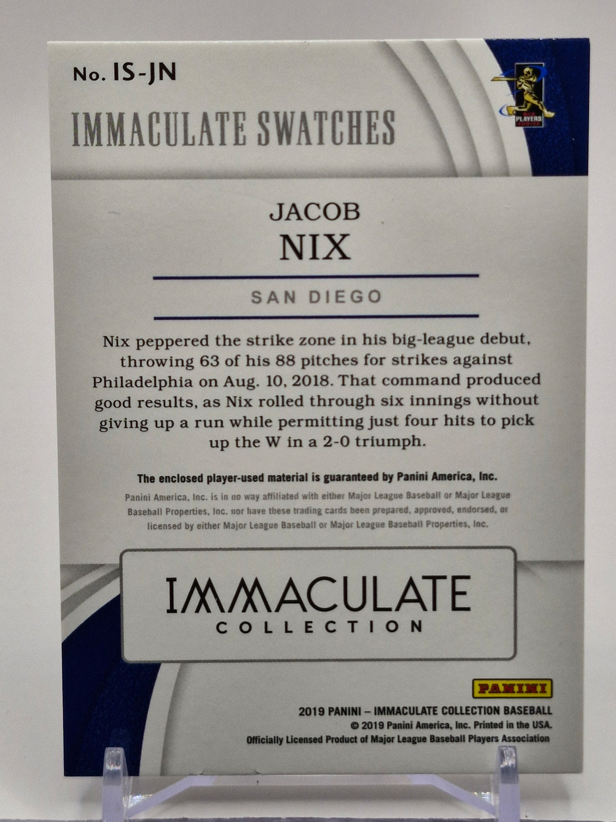 2019 Panini Immaculate #IS-JN Jacob Nix Immaculate Swatches Laundry Tag