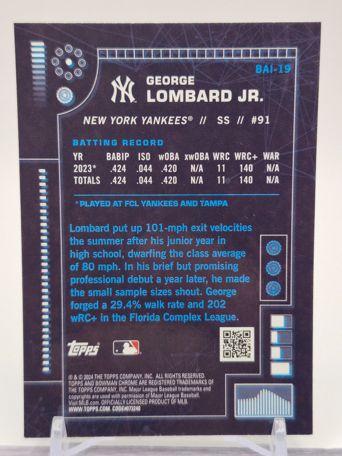 2024 Bowman #BAI-19 George Lombard Jr. Bowman A.I. Red Refractors #/5