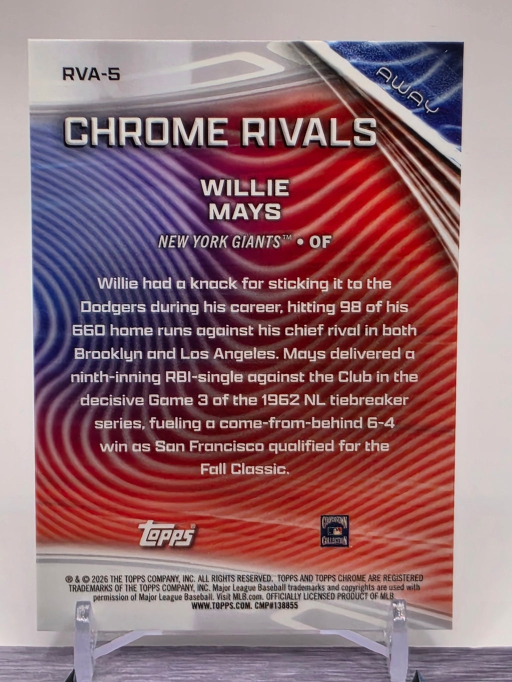 2026 Topps Chrome #RVA-5 Willie Mays Chrome Rivals Away