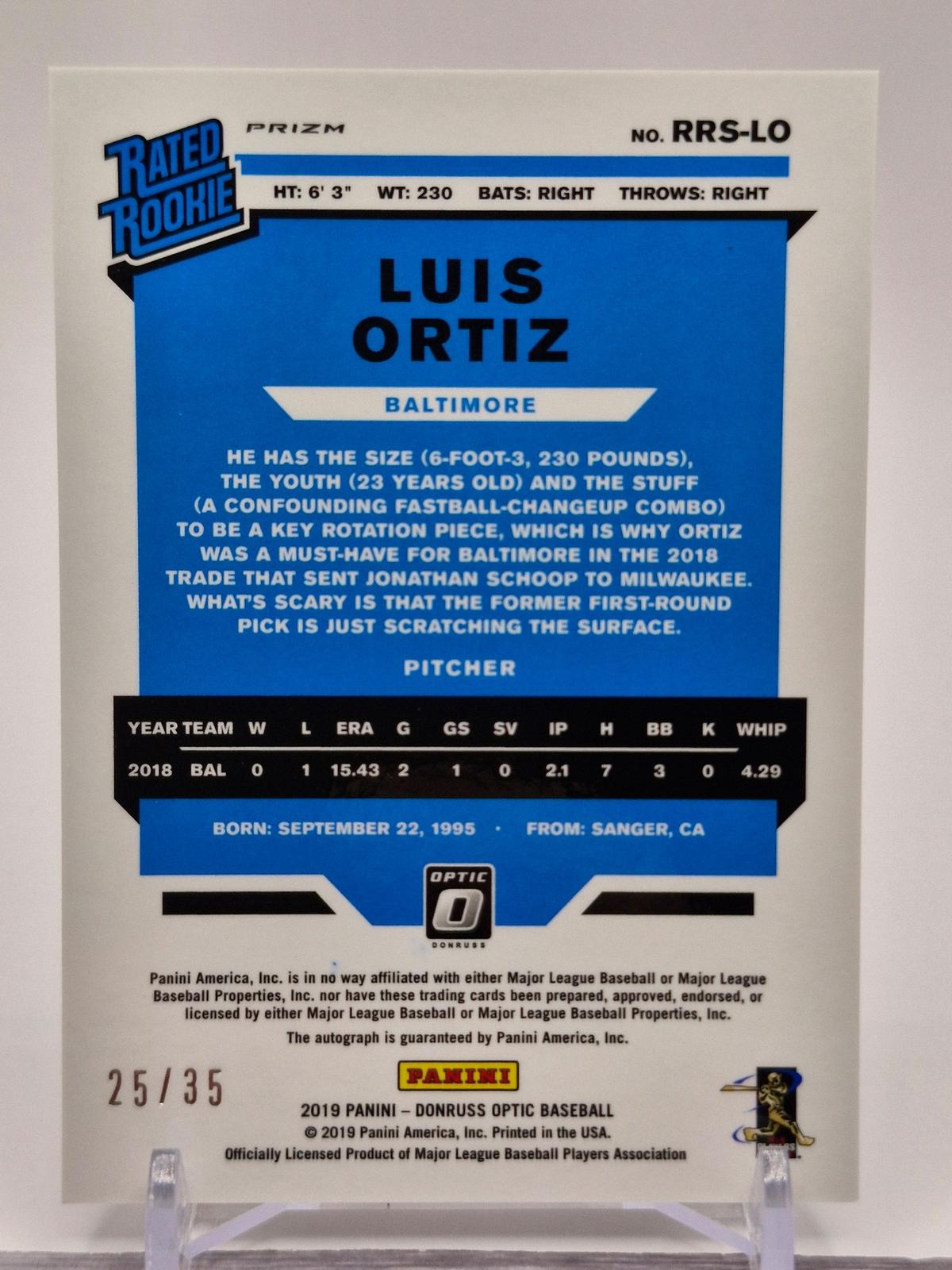 2019 Donruss Optic #RRS-LO Luis Ortiz Rated Rookies Signatures Blue #/35